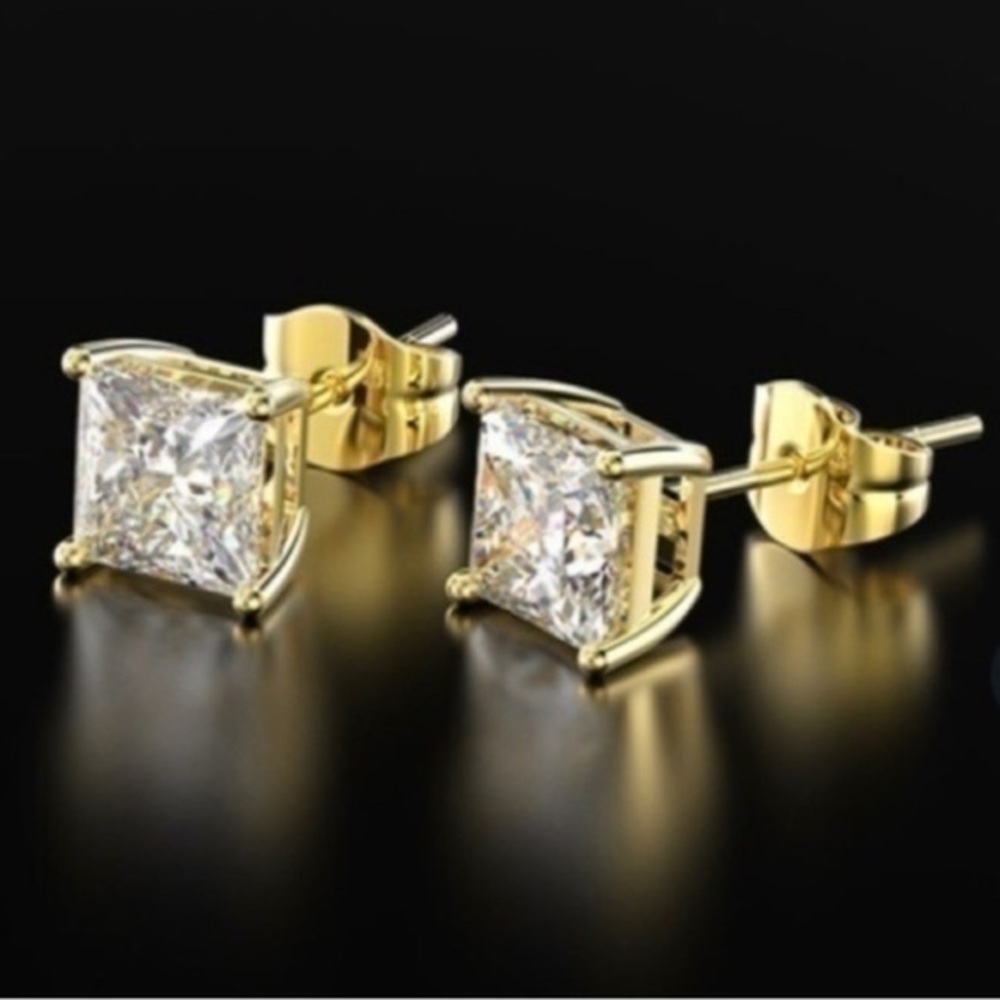 Renaissance 14k Yellow Gold Princess Cut CZ Stud Earrings